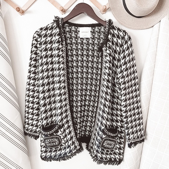 Zara Sweaters - Zara Knit Houndstooth Open Front Cardigan Sweater